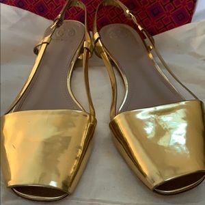 Tory Burch gold pietra sandal with dust bag, box
